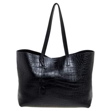 Pre Owned Saint Laurent Black Croc Embossed Leather Shopper Tote