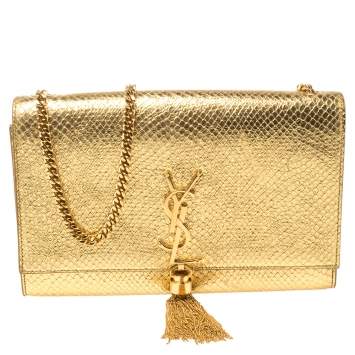 Pre Owned Saint Laurent Gold Python Embossed Leather Kate Monogram Shoulder Bag