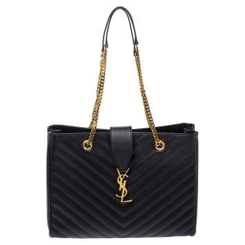 Pre Owned Saint Laurent Black Matelasse Leather Cassandre Shopper Tote