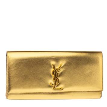 Pre Owned Saint Laurent Gold Patent Leather Kate Monogram Clutch