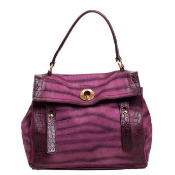Pre Owned Saint Laurent Magenta Croc Embossed Nubuck Leather and Suede Medium Muse Two Bag
