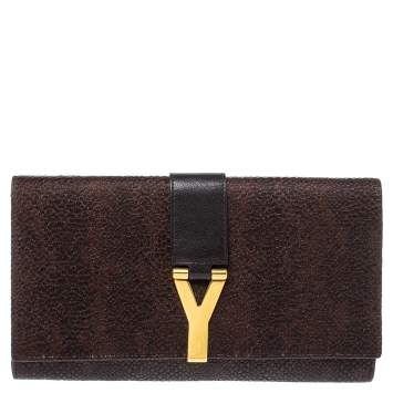 Pre Owned Saint Laurent Brown Textured Leather Classic Y-Line Clutch