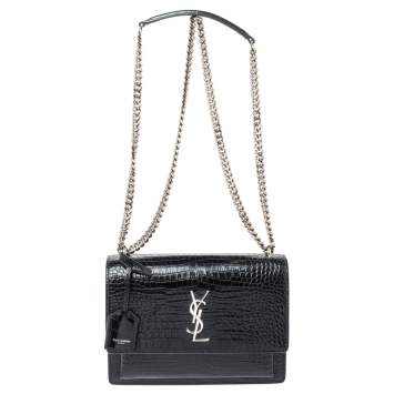 Pre Owned Saint Laurent Black Croc Embossed Leather Medium Sunset Shoulder Bag