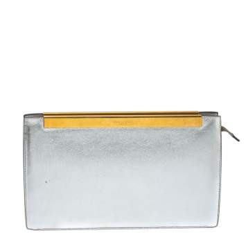 Pre Owned Saint Laurent Metallic Silver Leather Lutetia Clutch