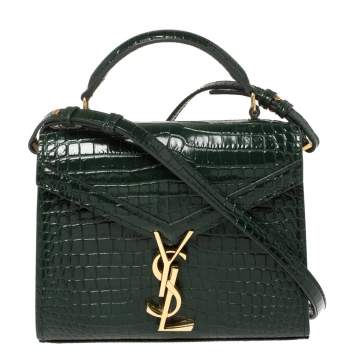 Pre Owned Saint Laurent Green Croc Embossed Leather Mini Cassandre Top Handle Bag