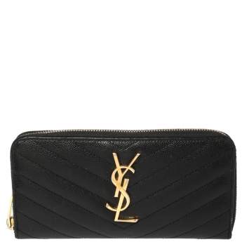 Pre Owned Saint Laurent Black Leather Monogram Zip Around Wallet
