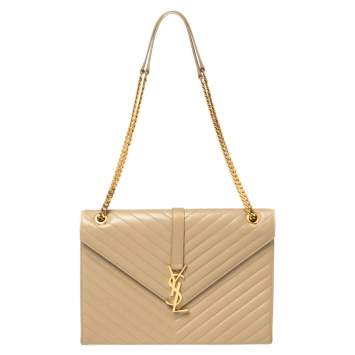 Pre Owned Saint Laurent Beige Matelassé Leather Large Cassandre Flap Bag