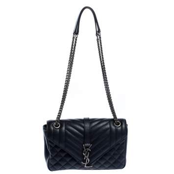 Pre Owned Saint Laurent Navy Blue Mix Matelassé Leather Envelope Shoulder Bag
