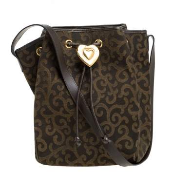 Pre Owned Saint Laurent Brown Arabesque Canvas and Leather Drawstring Shoulder Bag          