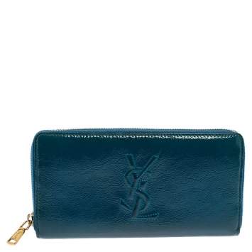 Pre Owned Saint Laurent Blue Patent Leather Belle De Jour Zip Around  Wallet