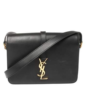 Pre Owned Saint Laurent Black Leather Medium Monogram Université Flap Shoulder Bag