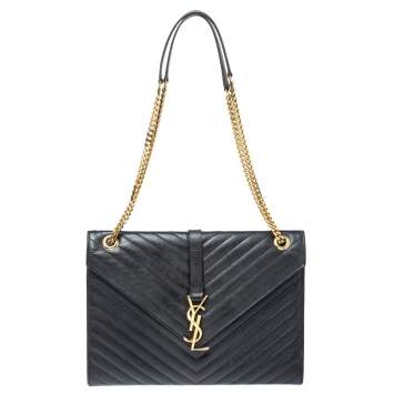 Pre Owned Saint Laurent Black Matelasse Leather Large Cassandre Flap Bag