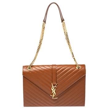 Pre Owned Saint Laurent Brown Matelasse Leather Large Cassandre Flap Bag
