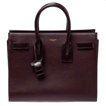 Pre Owned Saint Laurent Burgundy Leather and Python Embossed Leather Small Classic Sac De Jour Tote
