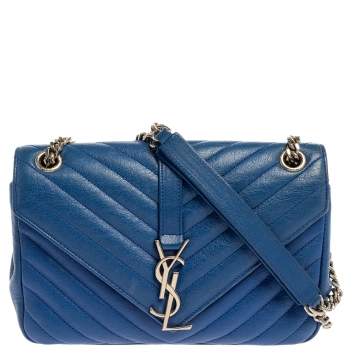Pre Owned Saint Laurent Blue Chevron Leather Medium Monogram Flap Bag