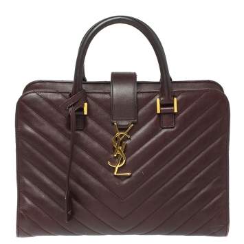 Pre Owned Saint Laurent Burgundy Matelassé Leather Small Monogram Cabas Tote