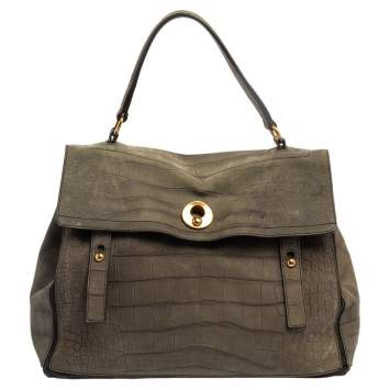 Pre Owned Yves Saint Laurent Pale Green Croc Embossed Leather and Suede Large Muse Two Satchel