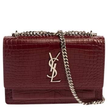 Pre Owned  Saint Laurent Burgundy Croc Embossed Leather Sunset Shoulder Bag