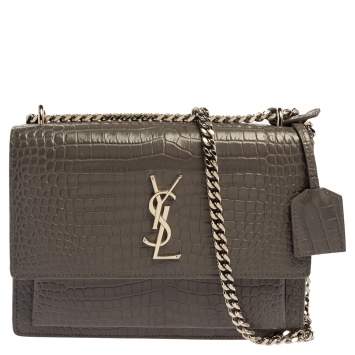 Pre Owned Saint Laurent Grey Croc Embossed Leather Medium Sunset Shoulder Bag