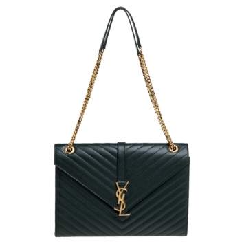 Pre Owned Saint Laurent Green Matelasse Leather Large Cassandre Flap Bag
