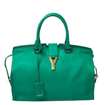 Pre Owned Saint Laurent Green Leather Small Cabas Y-Ligne Tote
