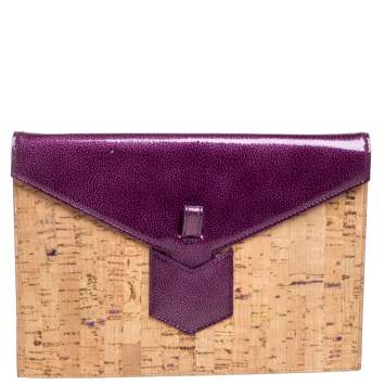 Pre Owned Yves Saint Laurent Beige/Purple Cork and Patent Leather Clutch