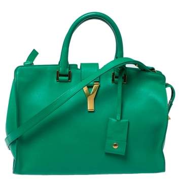 Pre Owned Saint Laurent Green Leather Small Cabas Y-Ligne Tote
