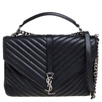 Pre Owned Saint Laurent Black Matelasse Leather Large College Top Handle Bag