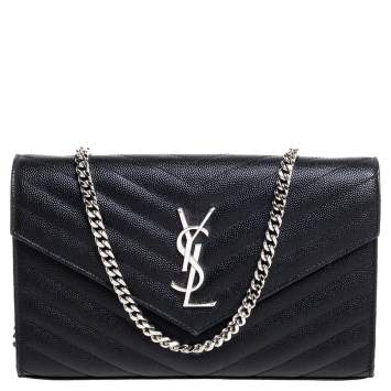 Pre Owned Saint Laurent Black Matelasse Leather Monogram Envelope Wallet on Chain