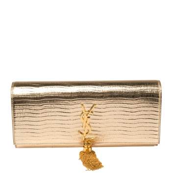 Pre Owned Saint Laurent Gold Embossed Leather Monogram Kate Tassel Clutch