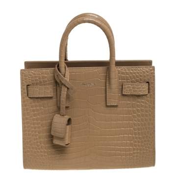 Pre Owned Saint Laurent Beige Croc Embossed Leather Nano Classic Sac De Jour Tote