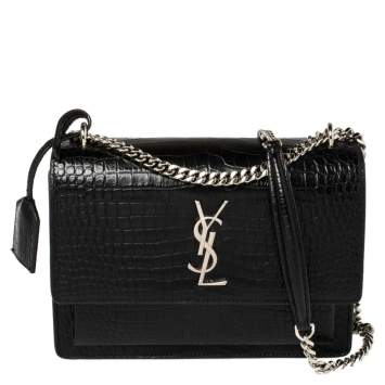 Pre Owned Saint Laurent Black Croc Embossed Leather Medium Sunset Shoulder Bag