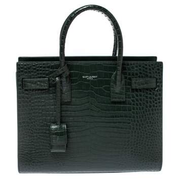 Pre Owned Saint Laurent Military Green Croc Embossed Leather Baby Classic Sac De Jour Tote