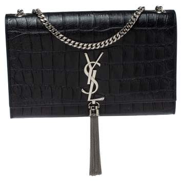 Pre Owned Saint Laurent Black Croc Embossed Leather Kate Monogram Shoulder Bag