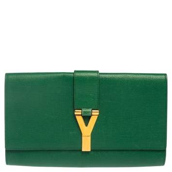 Pre Owned Yves Saint Laurent Green Leather Y-Ligne Clutch