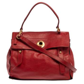 Pre Owned Yves Saint Laurent Red Leather And Canvas Medium Muse Two Satchel