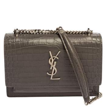 Pre Owned Saint Laurent Grey Croc Embossed Leather Sunset Shoulder Bag