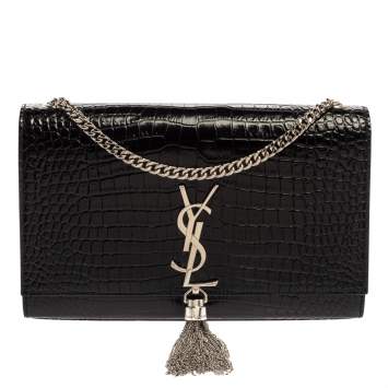 Pre Owned Saint Laurent Black Croc Embossed Leather Medium Kate Tassel Shoulder Bag