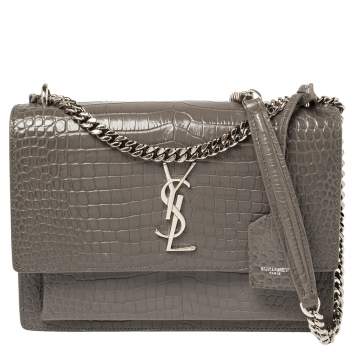 Pre Owned Saint Laurent Grey Croc Embossed Leather Sunset Shoulder Bag