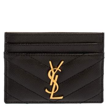 Pre Owned Saint Laurent Black Matelasse Leather Monogram Card Holder