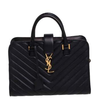 Pre Owned Saint Laurent Black Matelasse Leather Small Monogram Cabas Tote