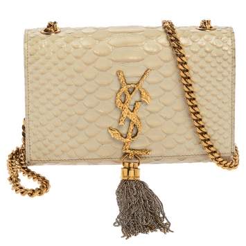 Pre Owned Saint Laurent Off White Python Embossed Leather Small Kate Tassel Crossbody Bag