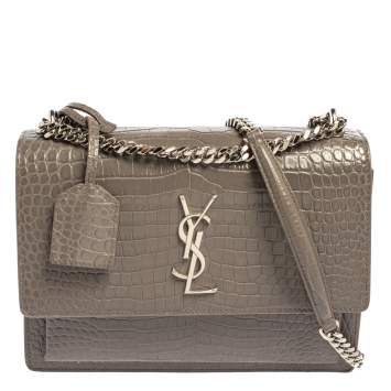 Pre Owned Saint Laurent Grey Croc Embossed Leather Medium Sunset Shoulder Bag