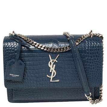 Pre Owned Saint Laurent Blue Croc Embossed Leather Medium Sunset Shoulder Bag