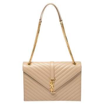 Pre Owned Saint Laurent Beige Matelassé Leather Large Cassandre Flap Bag