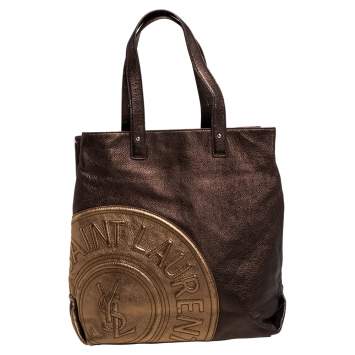 Pre Owned Saint Laurent Metallic Brown/Gold Leather Logo Embossed Tote