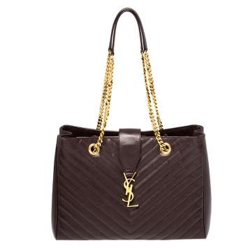 Pre Owned Saint Laurent Burgundy Matelassé Leather Cassandre Shopper Tote