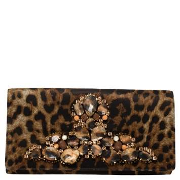 Pre Owned Saint Laurent Brown/Black Leopard Print Satin Crystal Embellished Flap Clutch