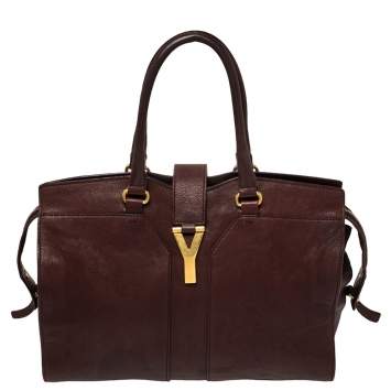 Pre Owned Yves Saint Laurent Burgundy Leather Medium Cabas Y-Ligne Tote