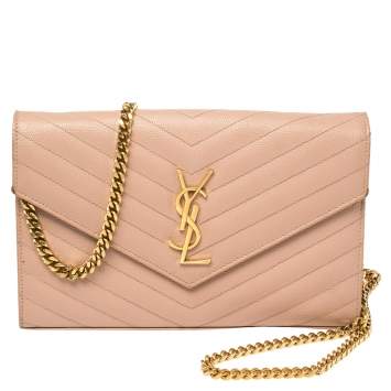 Pre Owned Saint Laurent Pink Matelasse Leather Monogram Envelope Wallet on Chain